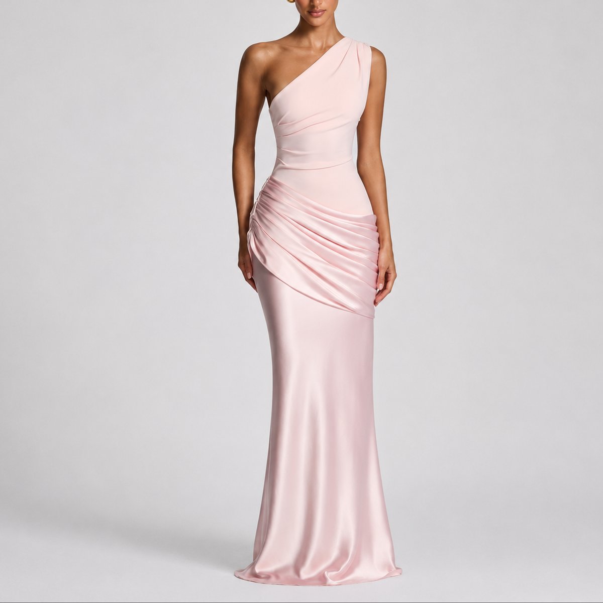 Women's Fall Wedding Guest Dresses One Shoulder Satin Maxi Gown - Sole & Material View | Lavisa