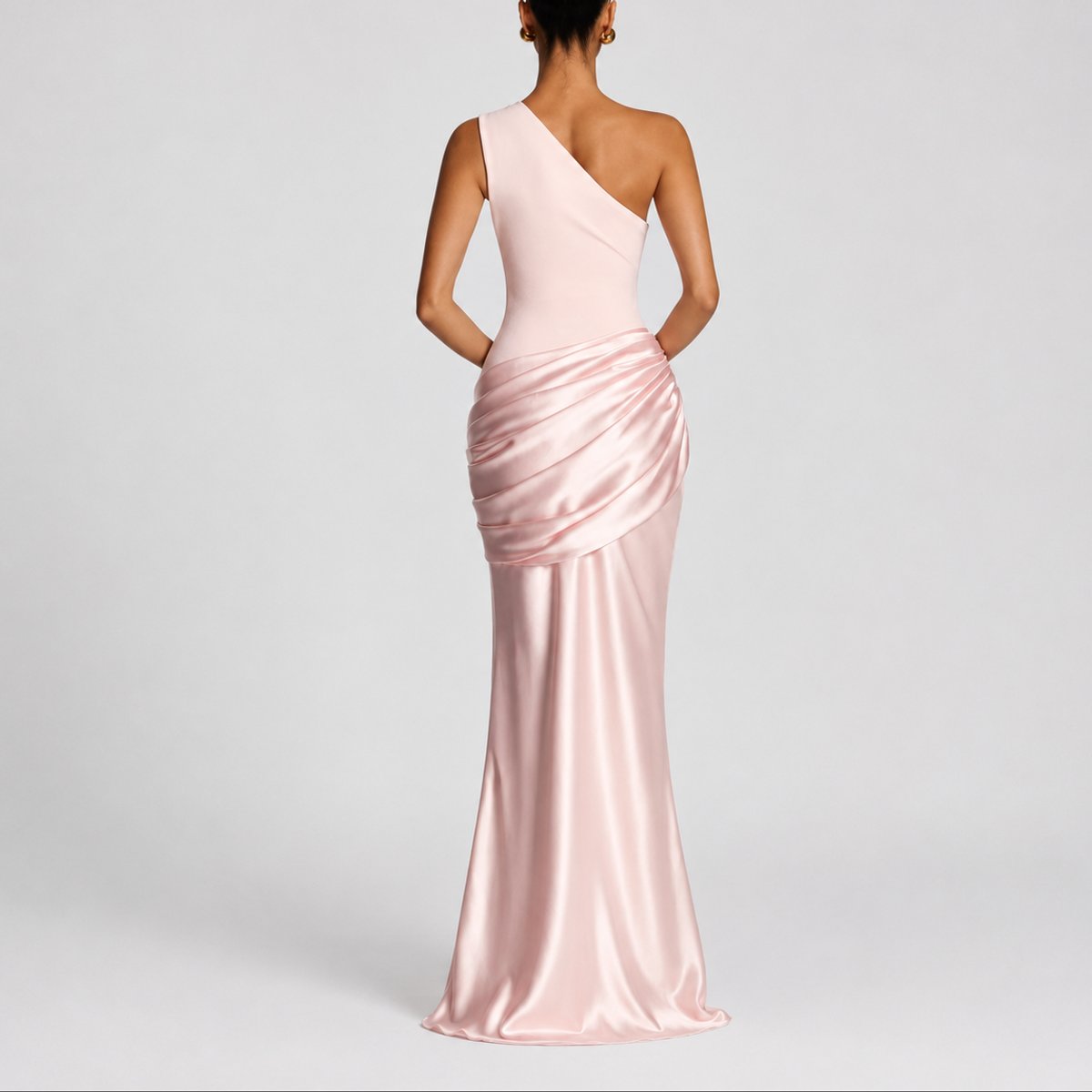 Women's Fall Wedding Guest Dresses One Shoulder Satin Maxi Gown - Lifestyle & Model Angle | Lavisa