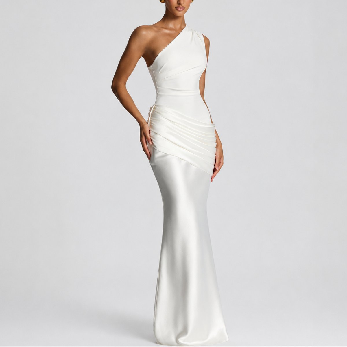 Women's Fall Wedding Guest Dresses One Shoulder Satin Maxi Gown - Variant Angle | Lavisa