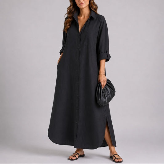 Lavisa - Women's Fall Wedding Guest Dresses Oversized Linen Shirt Maxi Dress