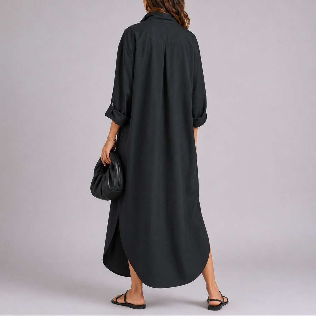 Women's Fall Wedding Guest Dresses Oversized Linen Shirt Maxi Dress - Side Angle | Lavisa