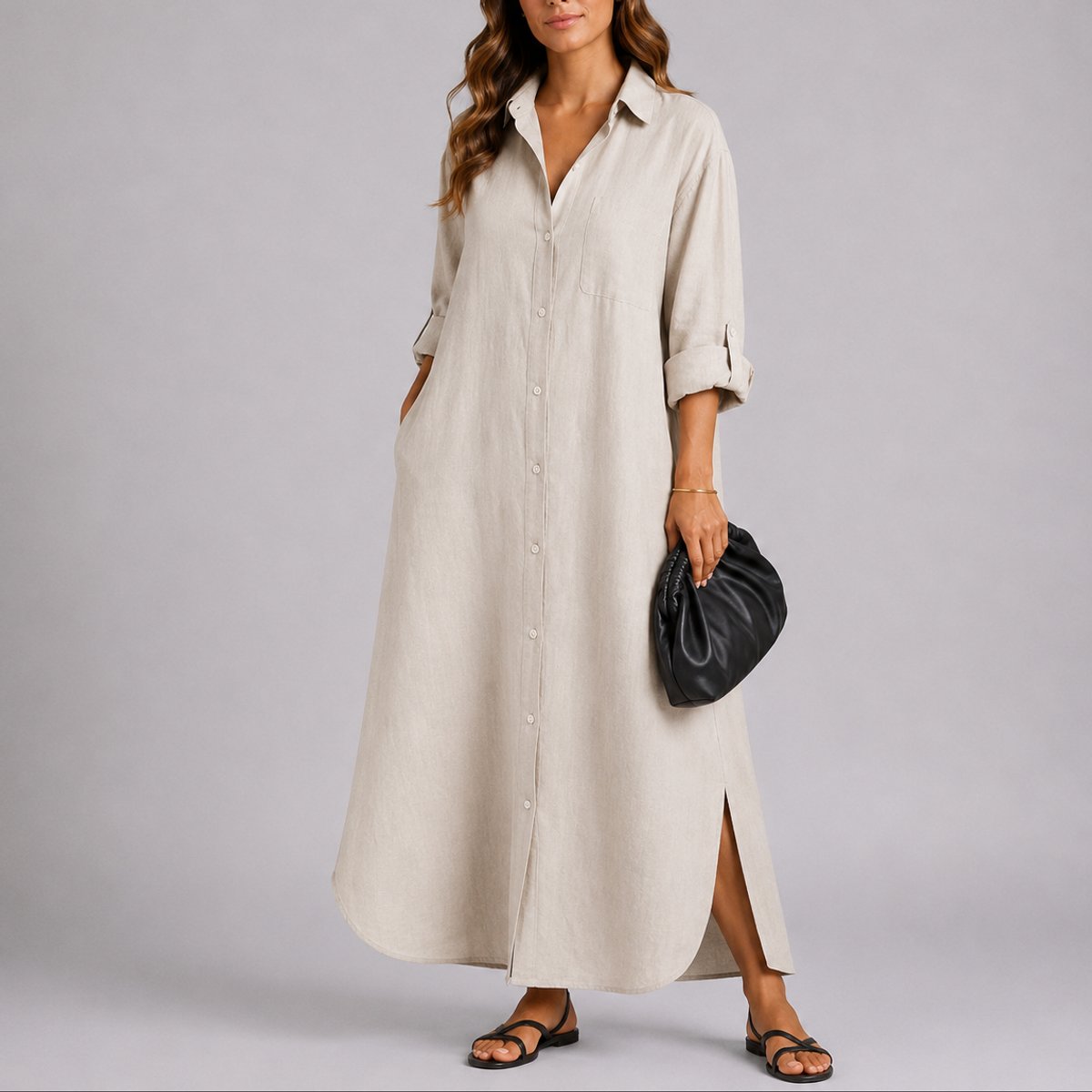 Women's Fall Wedding Guest Dresses Oversized Linen Shirt Maxi Dress - Back View | Lavisa