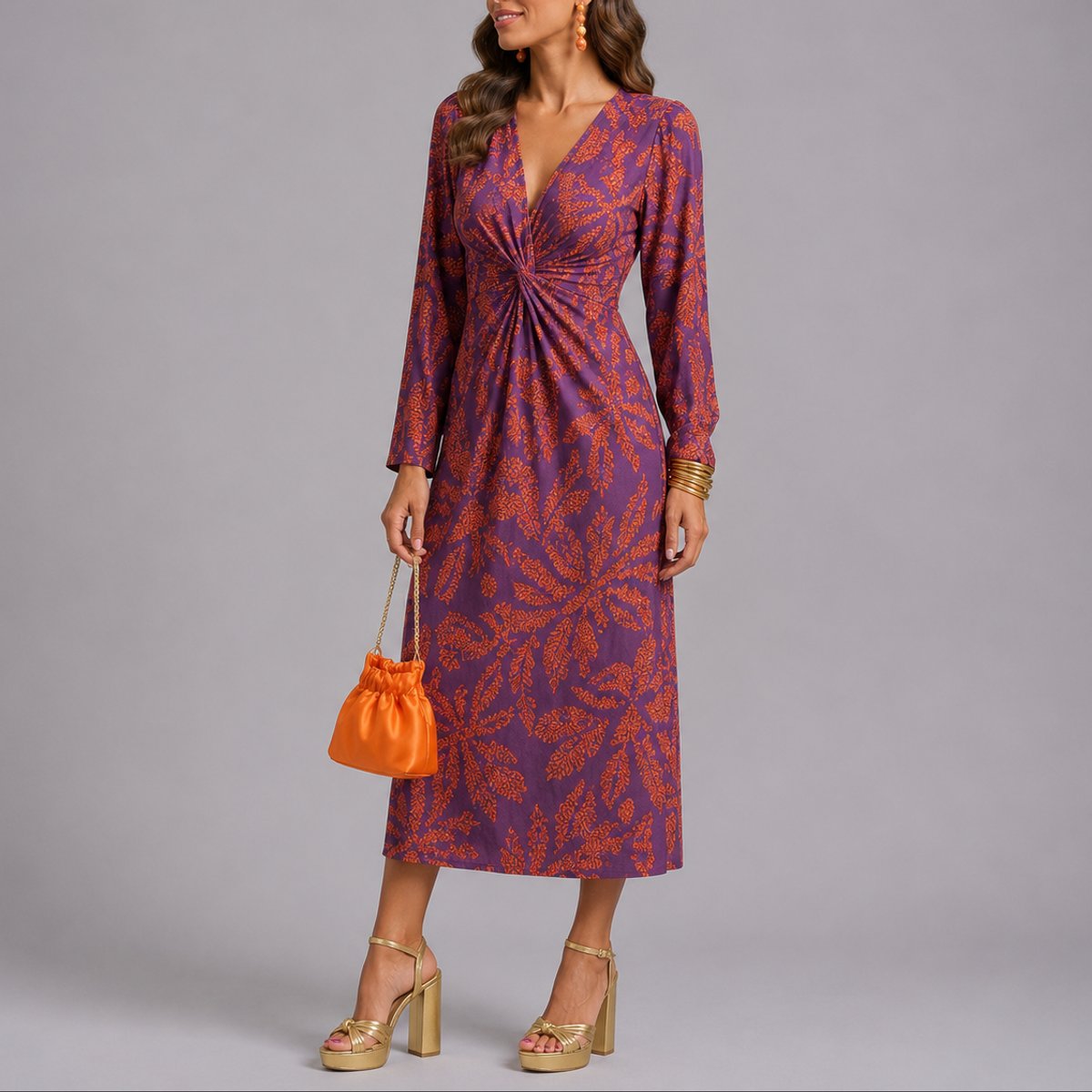 Lavisa - Women's Fall Wedding Guest Floral Twist-Front Long Sleeve Midi Dress