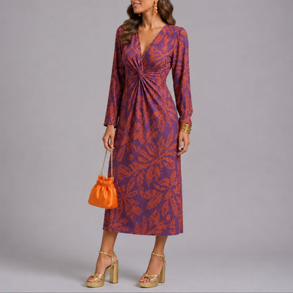 Lavisa - Women's Fall Wedding Guest Floral Twist-Front Long Sleeve Midi Dress