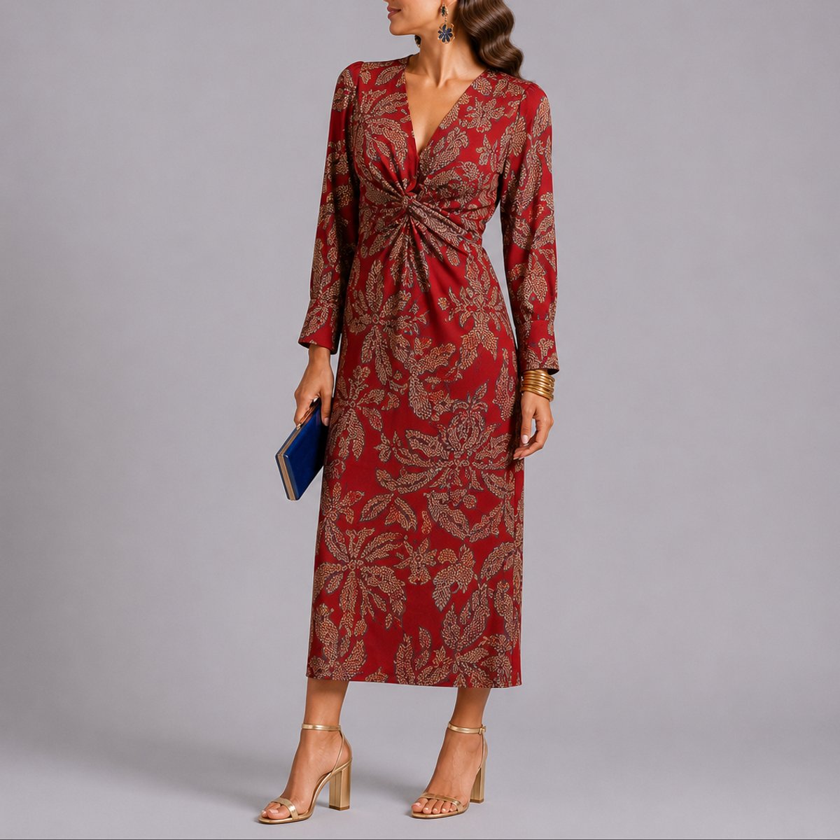 Lavisa - Women's Fall Wedding Guest Floral Twist-Front Long Sleeve Midi Dress