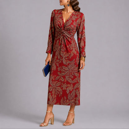 Lavisa - Women's Fall Wedding Guest Floral Twist-Front Long Sleeve Midi Dress