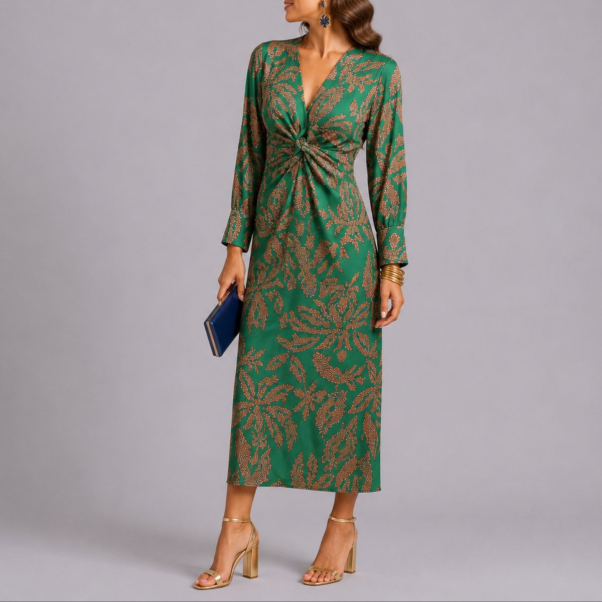 Lavisa - Women's Fall Wedding Guest Floral Twist-Front Long Sleeve Midi Dress
