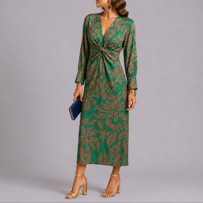 Lavisa - Women's Fall Wedding Guest Floral Twist-Front Long Sleeve Midi Dress