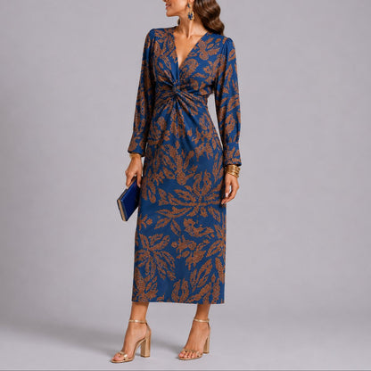 Lavisa - Women's Fall Wedding Guest Floral Twist-Front Long Sleeve Midi Dress