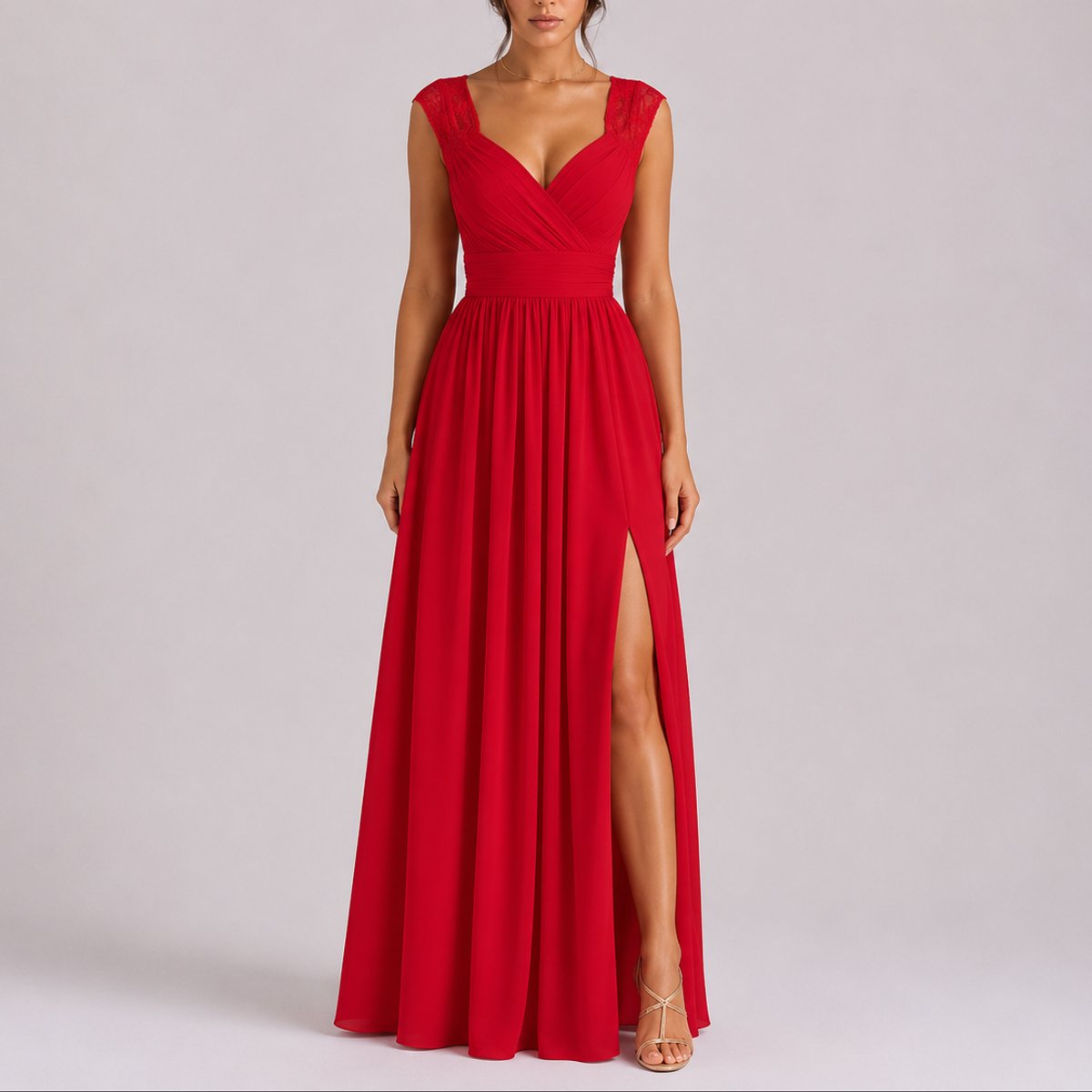 Women's Fall Wedding Guest Lace Shoulder V-Neck Chiffon Maxi Dress - Front View | Lavisa