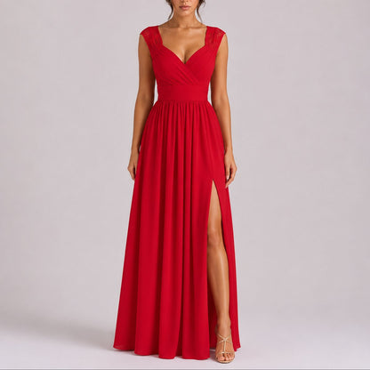 Women's Fall Wedding Guest Lace Shoulder V-Neck Chiffon Maxi Dress - Front View | Lavisa