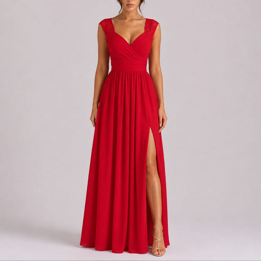 Lavisa - Women's Fall Wedding Guest Lace Shoulder V-Neck Chiffon Maxi Dress