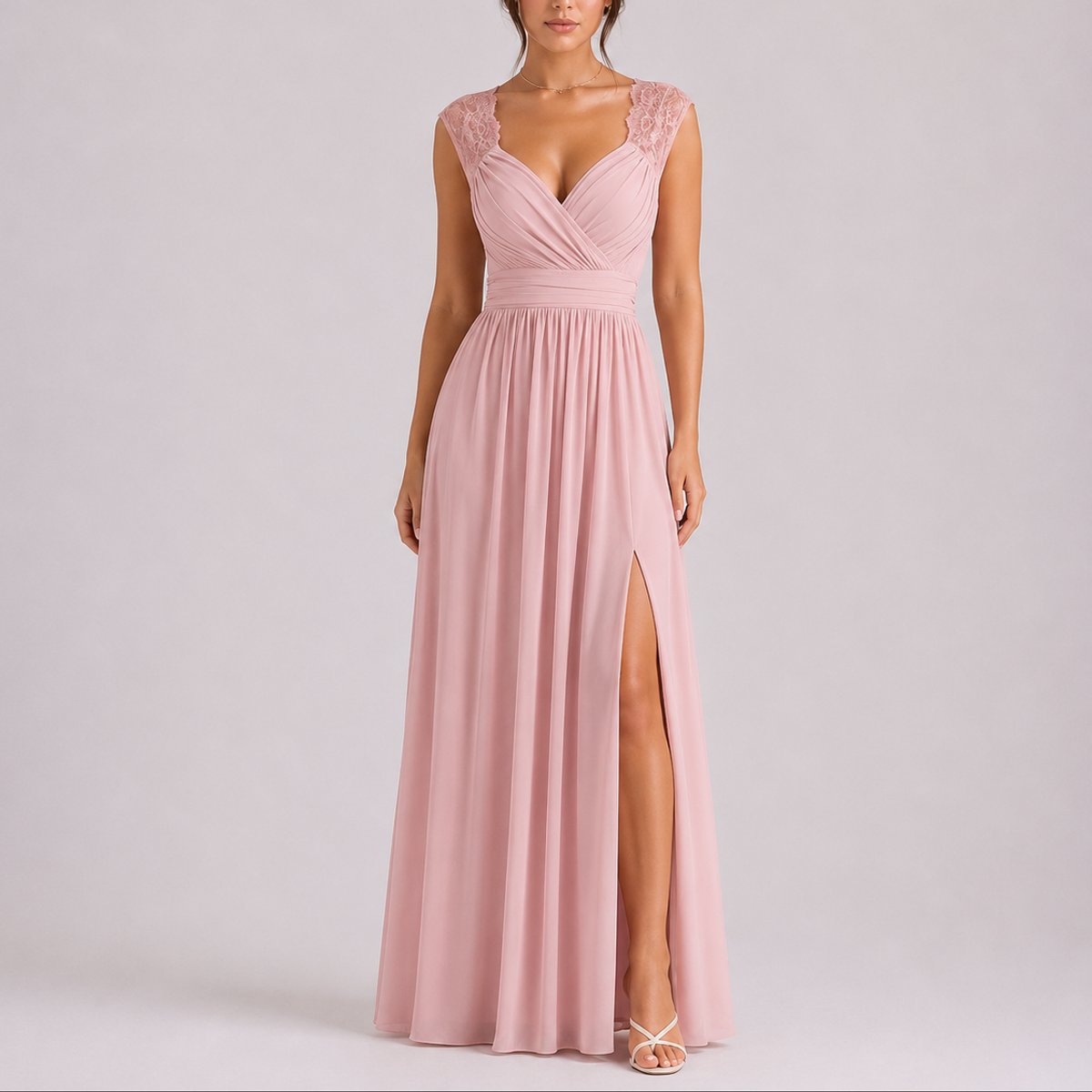 Women's Fall Wedding Guest Lace Shoulder V-Neck Chiffon Maxi Dress - Side Angle | Lavisa