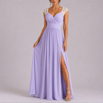 Women's Fall Wedding Guest Lace Shoulder V-Neck Chiffon Maxi Dress - Back View | Lavisa