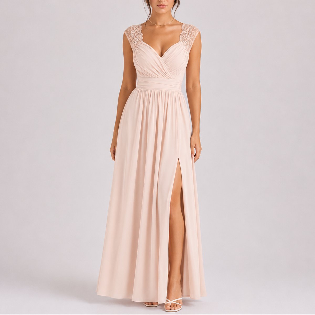 Women's Fall Wedding Guest Lace Shoulder V-Neck Chiffon Maxi Dress - Close-Up Texture & Detail | Lavisa