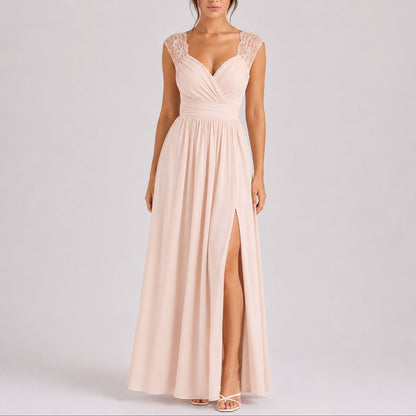 Women's Fall Wedding Guest Lace Shoulder V-Neck Chiffon Maxi Dress - Close-Up Texture & Detail | Lavisa