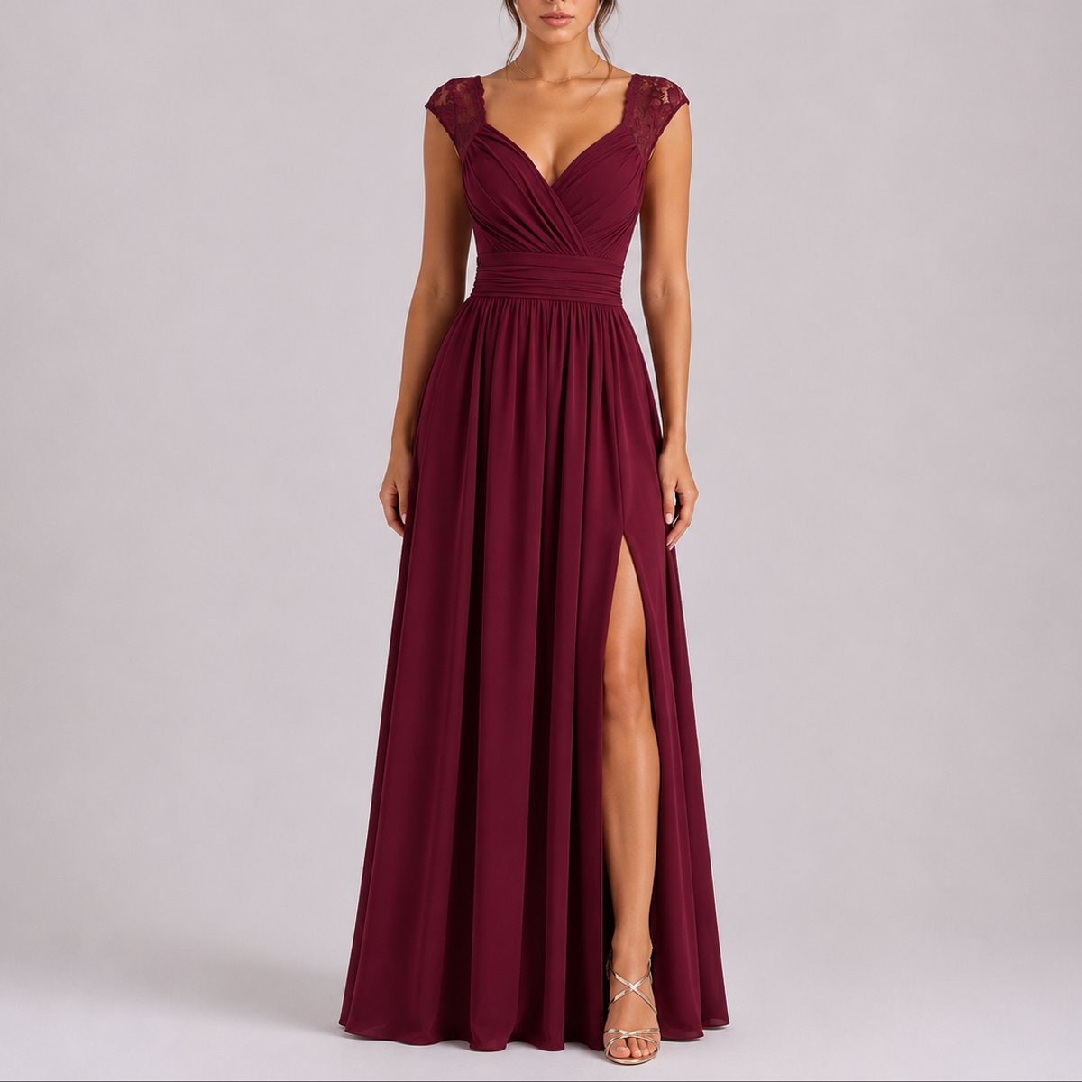 Women's Fall Wedding Guest Lace Shoulder V-Neck Chiffon Maxi Dress - Sole & Material View | Lavisa