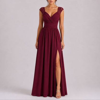 Women's Fall Wedding Guest Lace Shoulder V-Neck Chiffon Maxi Dress - Sole & Material View | Lavisa
