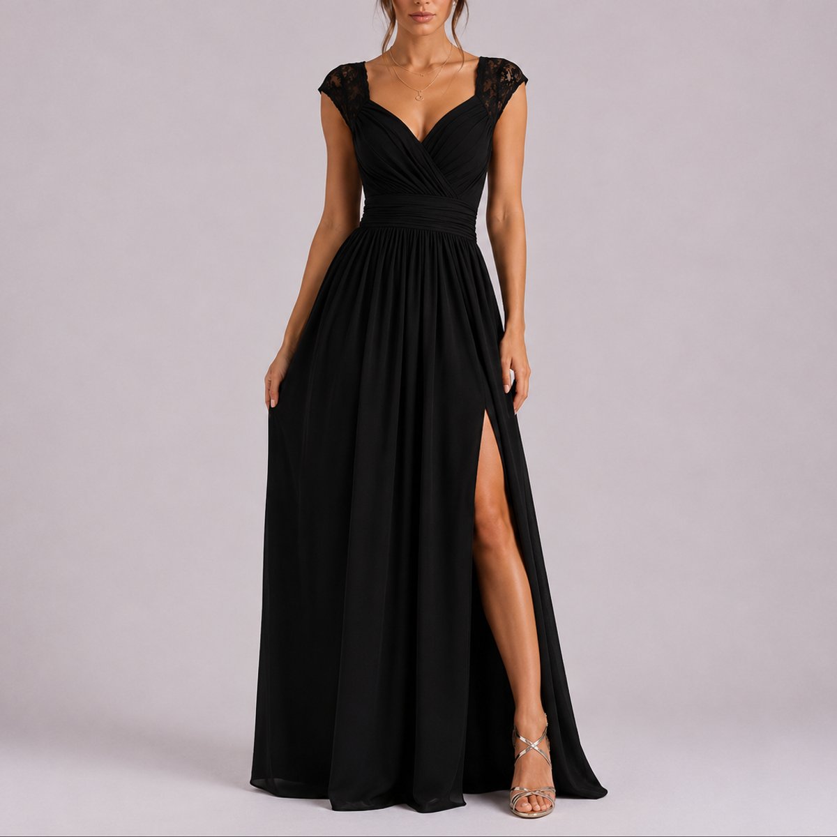 Women's Fall Wedding Guest Lace Shoulder V-Neck Chiffon Maxi Dress - Lifestyle & Model Angle | Lavisa