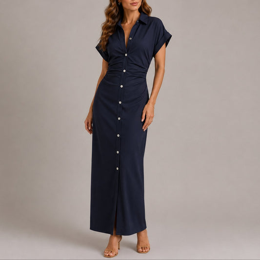 Lavisa - Women's Fall Wedding Guest Maxi Shirt Dress Ruched Button-Down