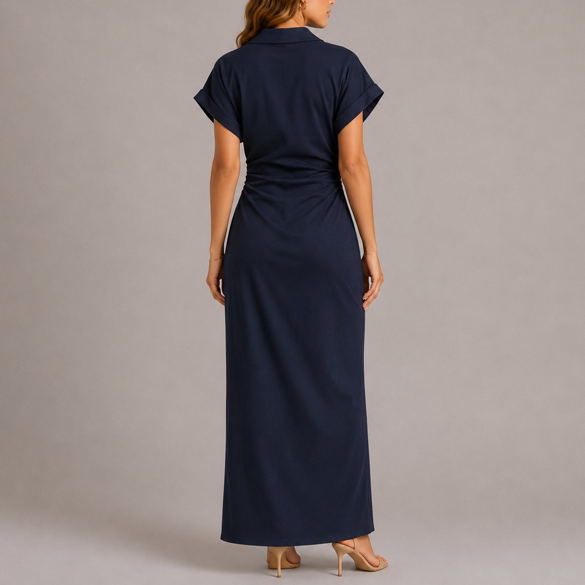 Women's Fall Wedding Guest Maxi Shirt Dress Ruched Button-Down - Side Angle | Lavisa