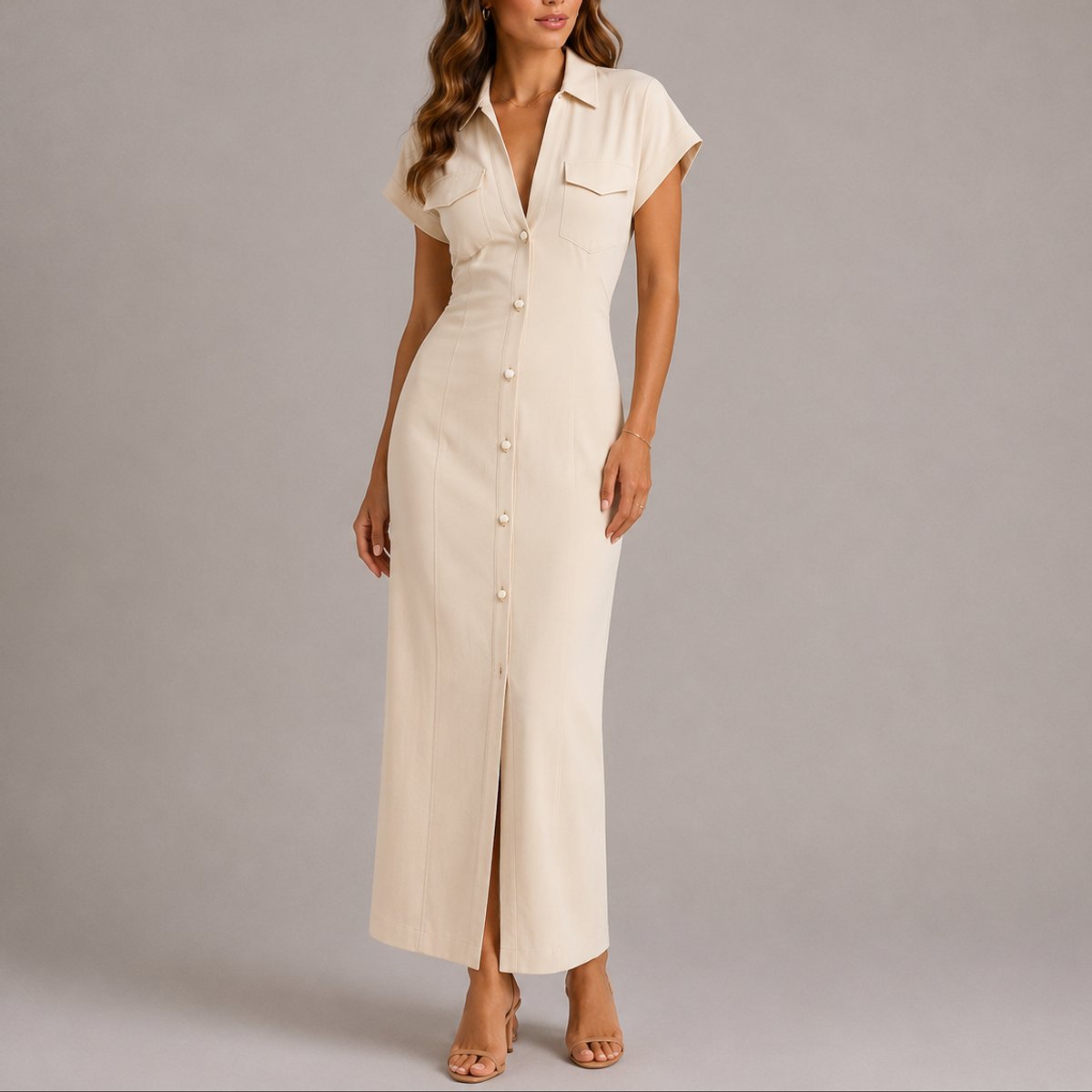 Women's Fall Wedding Guest Maxi Shirt Dress Ruched Button-Down - Back View | Lavisa