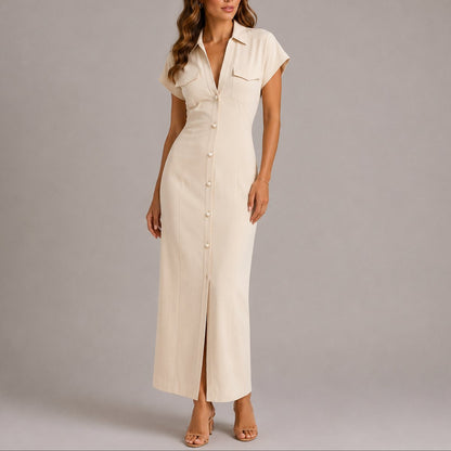 Women's Fall Wedding Guest Maxi Shirt Dress Ruched Button-Down - Back View | Lavisa
