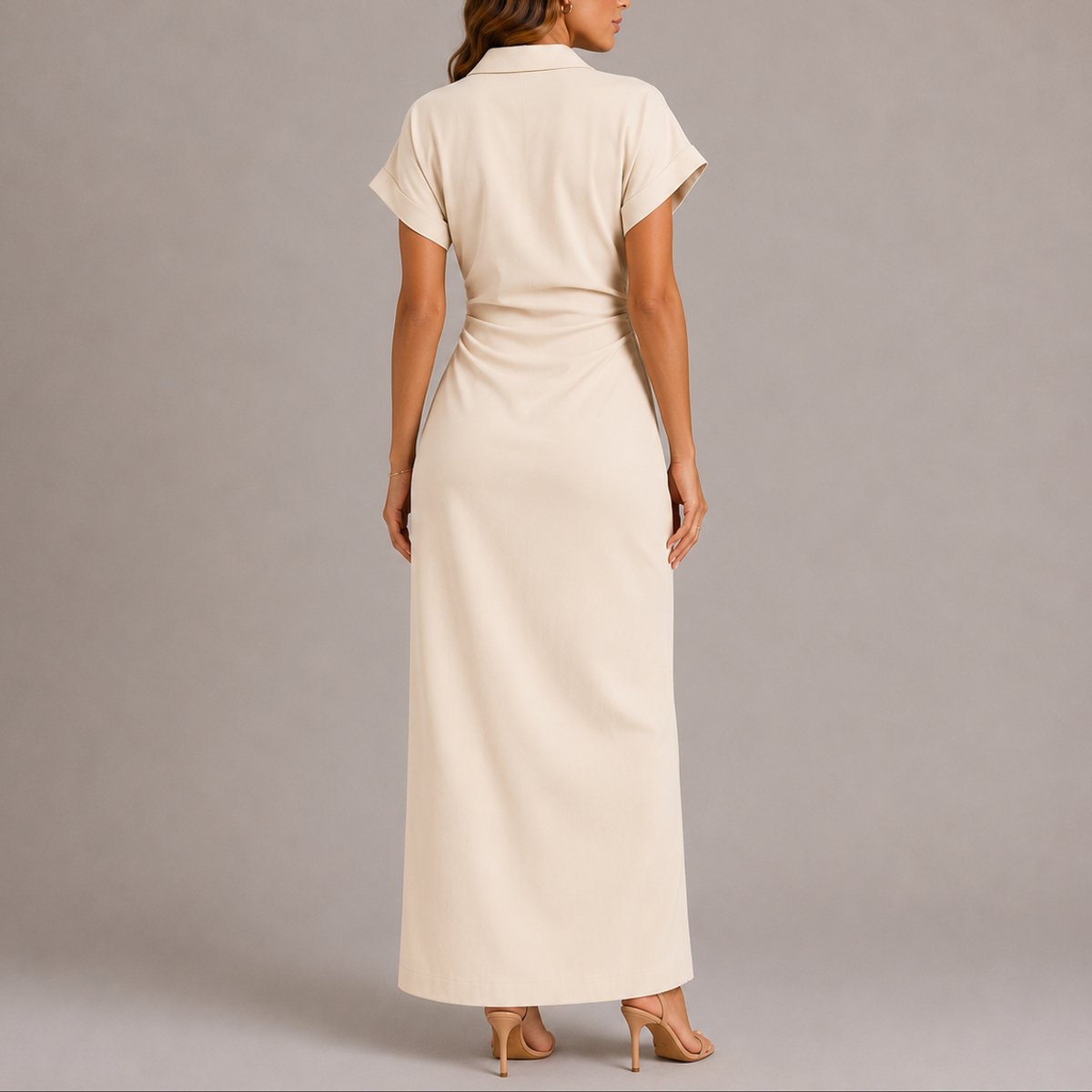Women's Fall Wedding Guest Maxi Shirt Dress Ruched Button-Down - Close-Up Texture & Detail | Lavisa