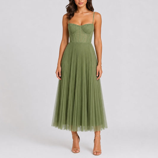 Lavisa - Women's Fall Wedding Guest Pleated Tulle Midi Dress Sweetheart Bodice