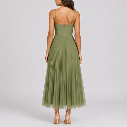 Women's Fall Wedding Guest Pleated Tulle Midi Dress Sweetheart Bodice - Side Angle | Lavisa