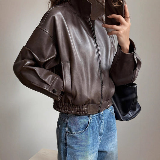 Lavisa - Women's Faux Leather Bomber Jacket Zip-Up Long Sleeve