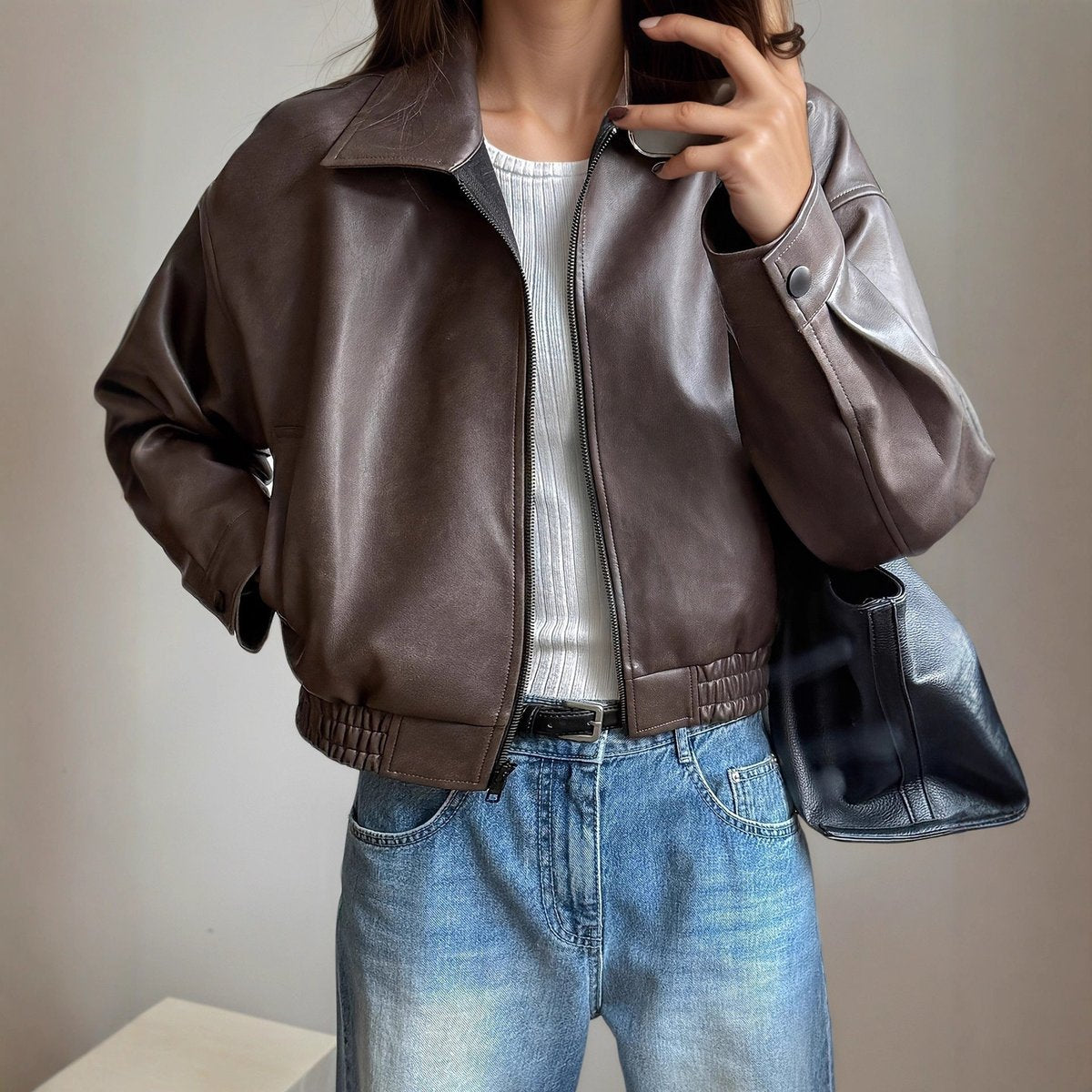 Women's Faux Leather Bomber Jacket Zip-Up Long Sleeve - Side Angle | Lavisa