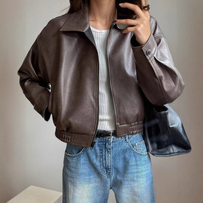 Women's Faux Leather Bomber Jacket Zip-Up Long Sleeve - Side Angle | Lavisa
