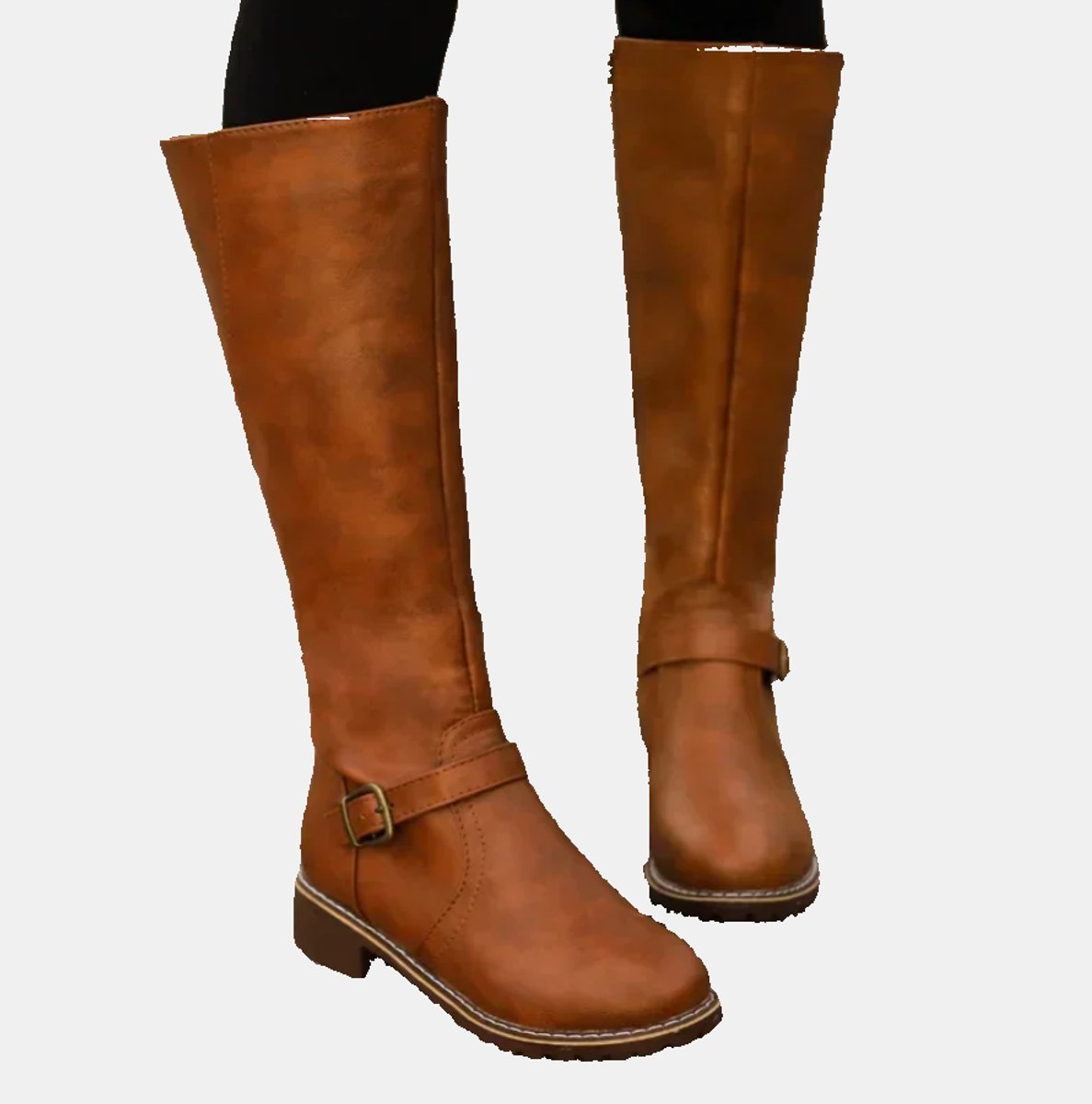 Women's Faux Leather Buckle Knee High Boots - Side Angle | Lavisa