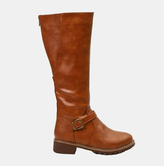 Lavisa - Women's Faux Leather Buckle Knee High Boots