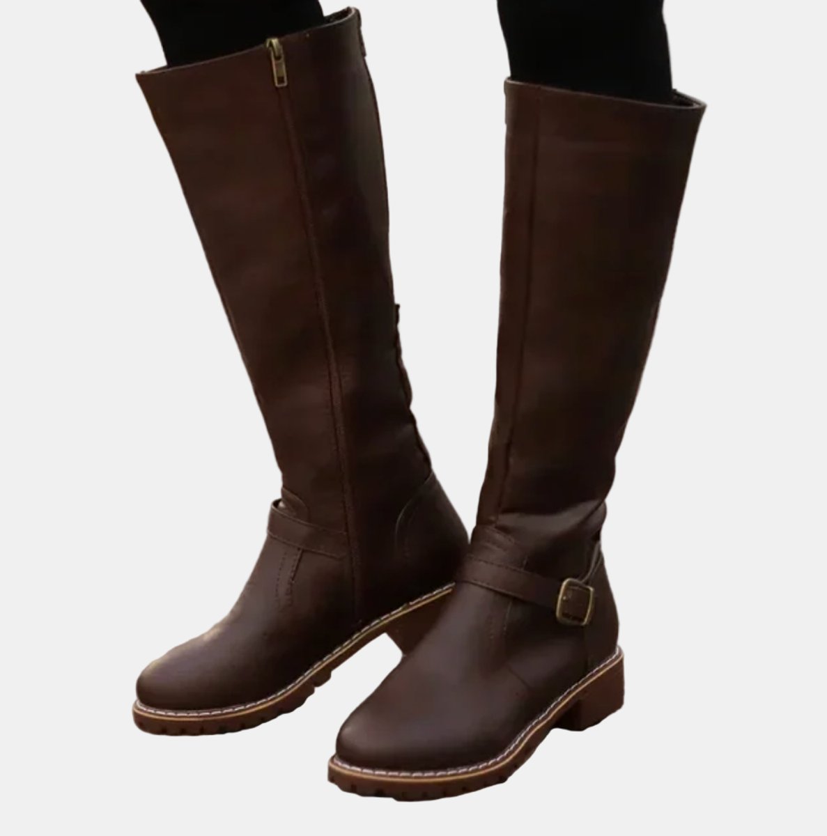 Women's Faux Leather Buckle Knee High Boots - Back View | Lavisa