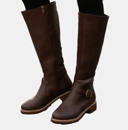 Women's Faux Leather Buckle Knee High Boots - Back View | Lavisa