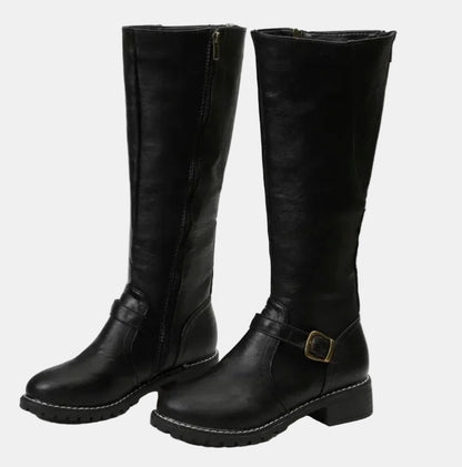 Women's Faux Leather Buckle Knee High Boots - Close-Up Texture & Detail | Lavisa