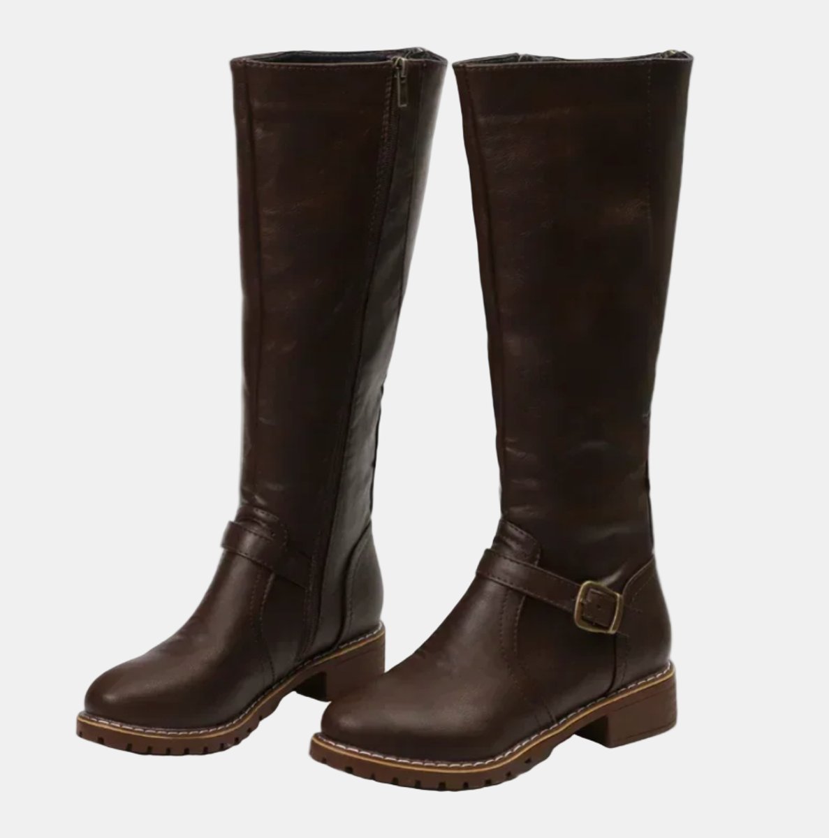 Women's Faux Leather Buckle Knee High Boots - Sole & Material View | Lavisa