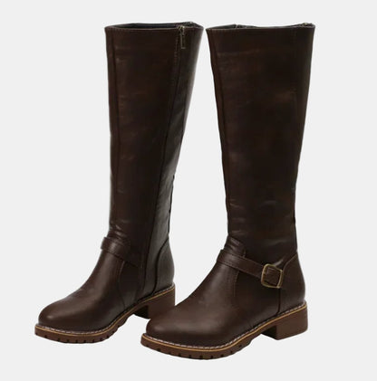 Women's Faux Leather Buckle Knee High Boots - Sole & Material View | Lavisa