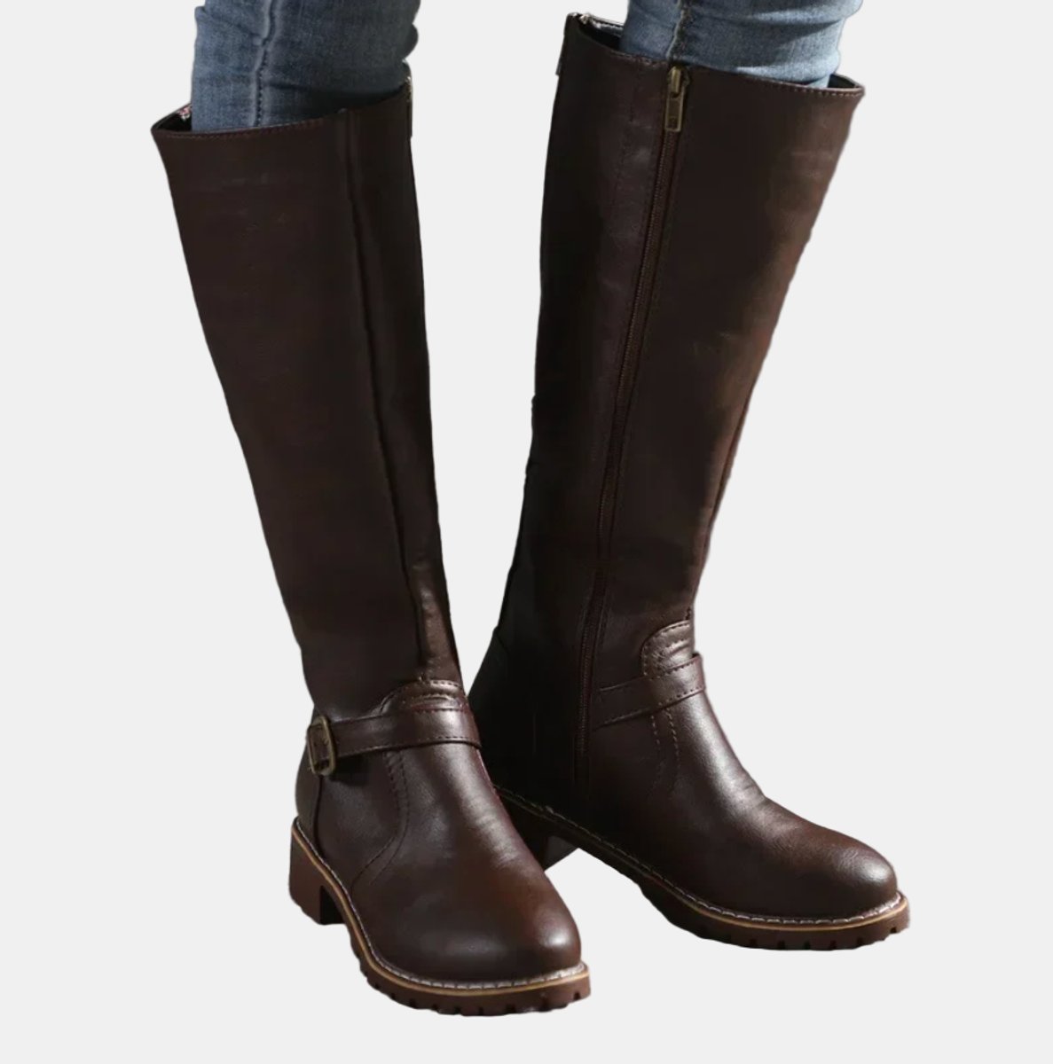 Women's Faux Leather Buckle Knee High Boots - Lifestyle & Model Angle | Lavisa