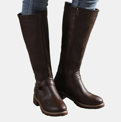Women's Faux Leather Buckle Knee High Boots - Lifestyle & Model Angle | Lavisa