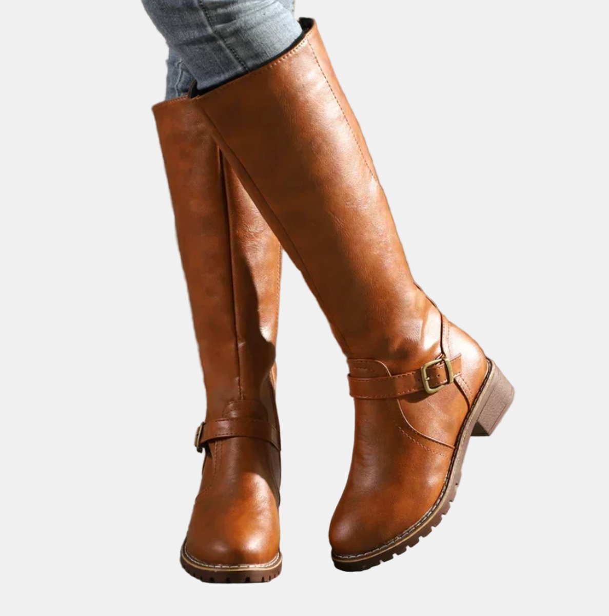 Women's Faux Leather Buckle Knee High Boots - Variant Angle | Lavisa