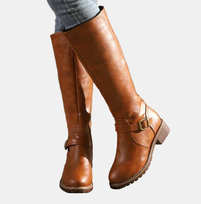 Women's Faux Leather Buckle Knee High Boots - Variant Angle | Lavisa