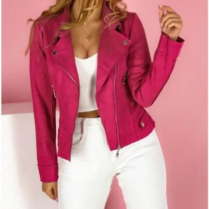 Women's Faux Leather Jacket Convertible Collar Zip-Up Moto - Lifestyle & Model Angle | Lavisa