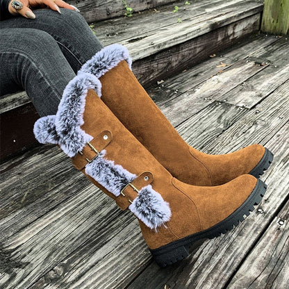 Lavisa - Women's Faux Suede Faux Fur Trim Buckle Knee High Boots