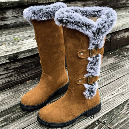 Lavisa - Women's Faux Suede Faux Fur Trim Buckle Knee High Boots