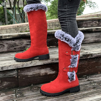 Lavisa - Women's Faux Suede Faux Fur Trim Buckle Knee High Boots