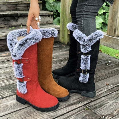 Lavisa - Women's Faux Suede Faux Fur Trim Buckle Knee High Boots