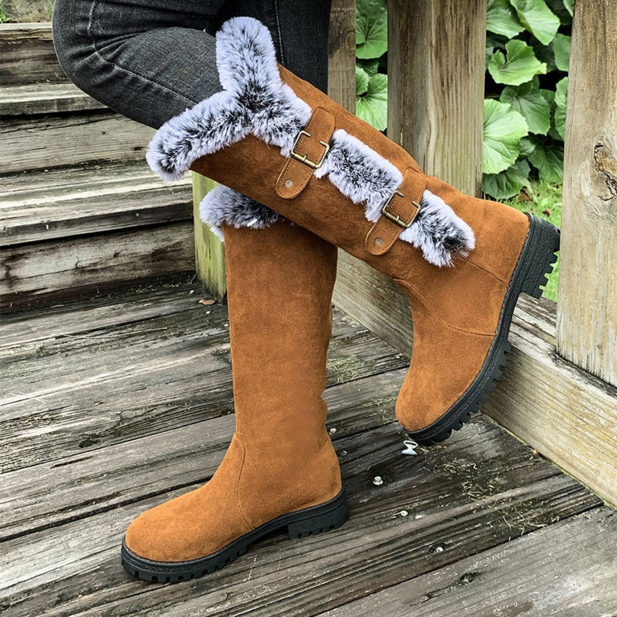 Lavisa - Women's Faux Suede Faux Fur Trim Buckle Knee High Boots